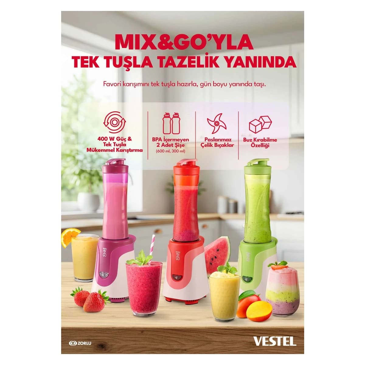 Vestel Mix&Go Pembe Blender görsel 7